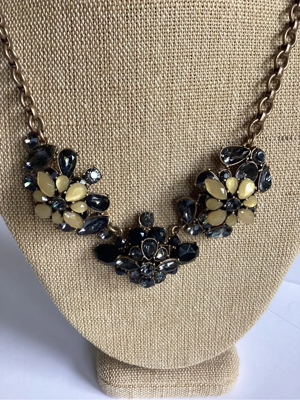 J. Crew Floral Crystal Statement Bib Necklace Black Gold Tone Maximalist